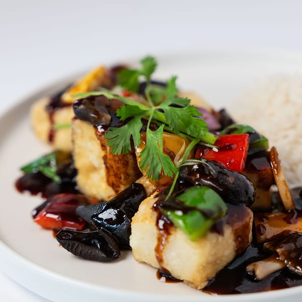ZEN Kitchen & Bar's crispy tofu with dark sauce, colorful vegetables, and white rice.